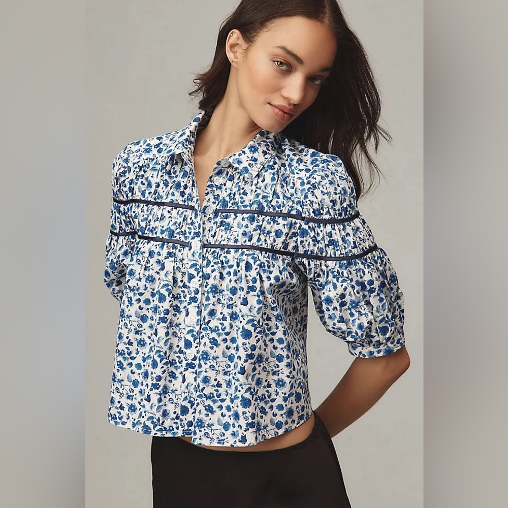 Anthropologie White and Blue Floral Puff-Sleeve Blouse